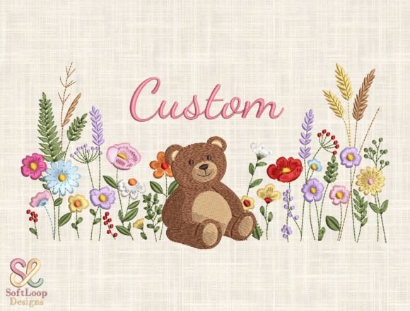 Adorable Teddy Bear Floral Embroidery Design
