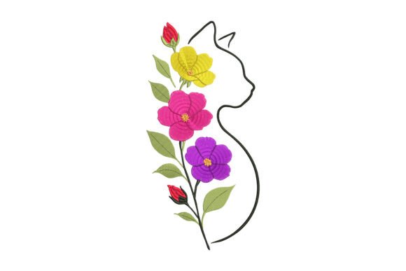 Cat with Flowers: A Charming Embroidery Design