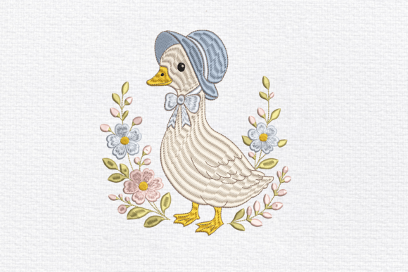 Charming Cute Duck with Flowers Embroidery