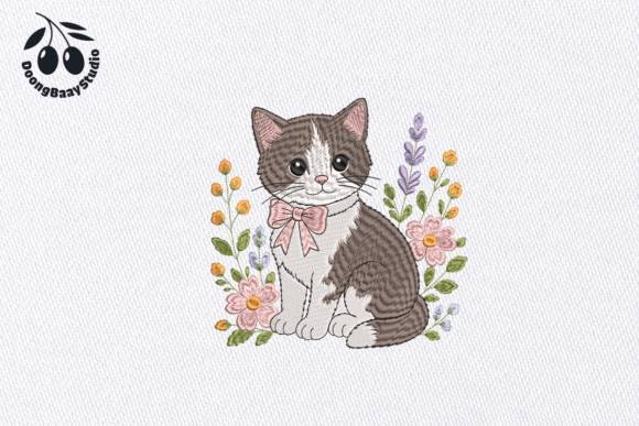 Charming Cute Floral Cat Embroidery Design