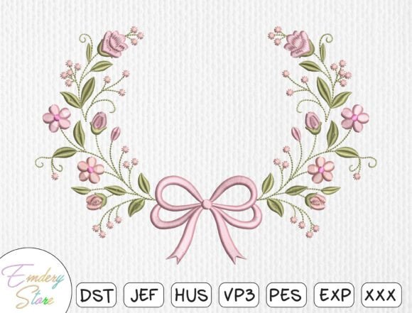 Charming Floral Wreath Bow Embroidery Design