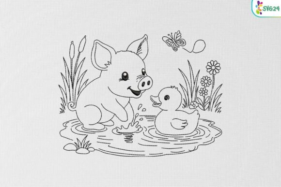 Charming Piglet and Duckling Embroidery