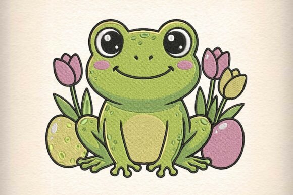 Cute Frog with Flowers: A Charming Embroidery Design